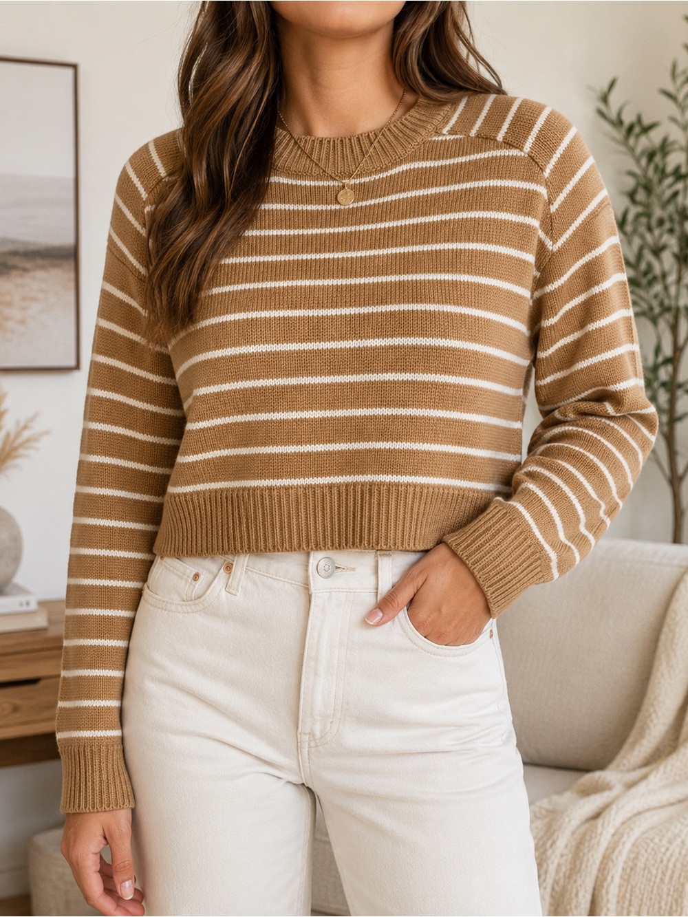 T Tahari Womens Medium Camel Cream Striped Cropped Knit Sweater Crew Neck